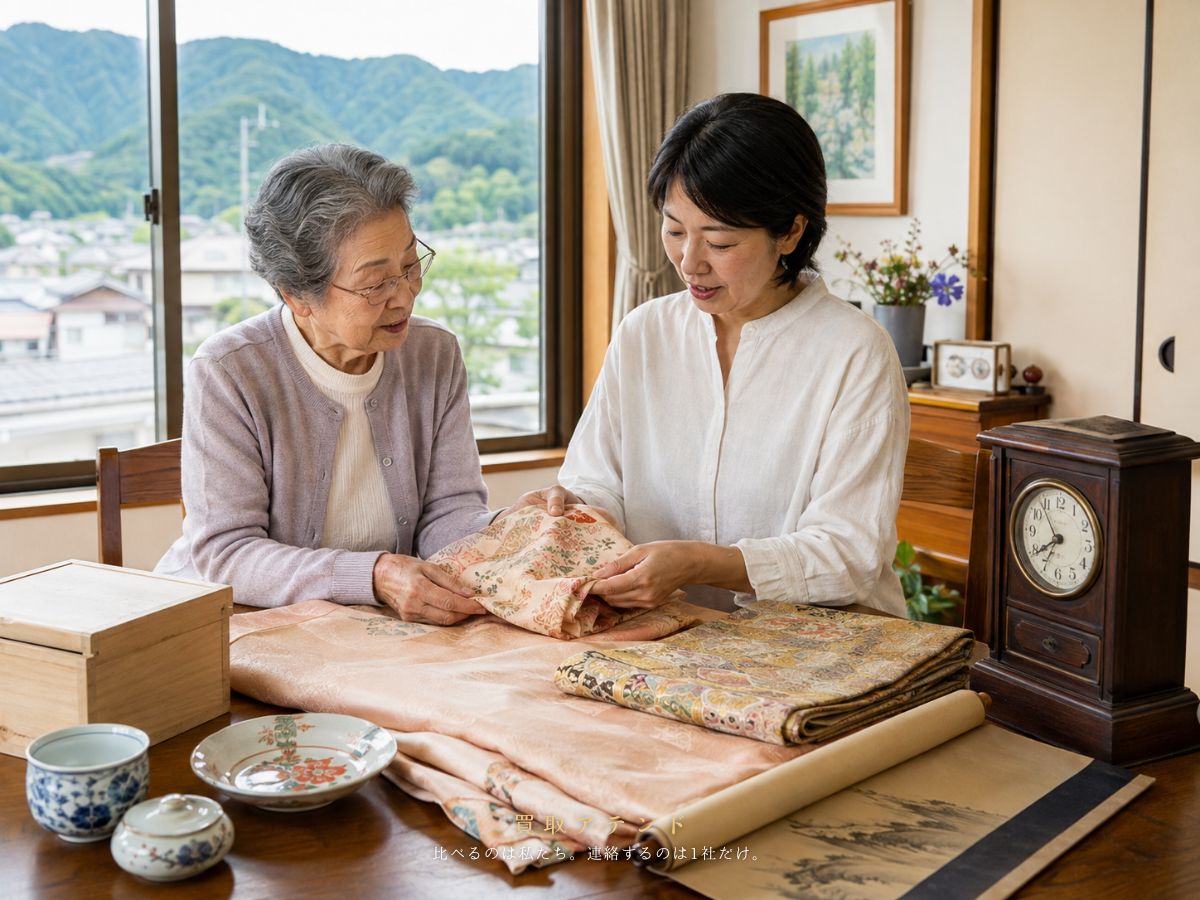 あきる野市で出張買取の相談品を親子で確認するイメージ あきる野市の戸建て住宅で日本人親子が売却を検討する品物を整理しているイメージ