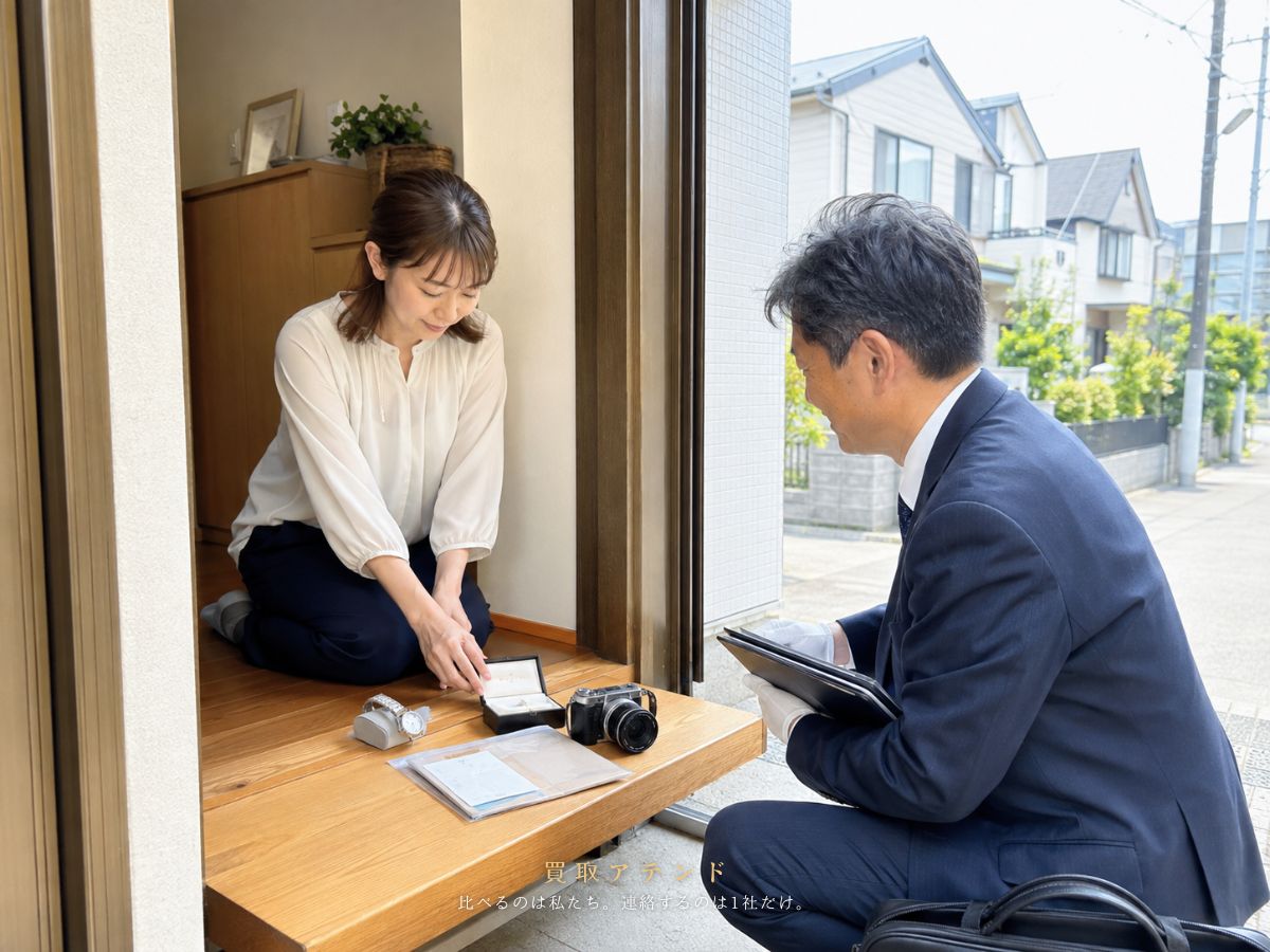 あきる野市の玄関で出張買取の訪問査定を受けるイメージ あきる野市の戸建て玄関で住人が室内側から出張買取スタッフと品物を確認しているイメージ