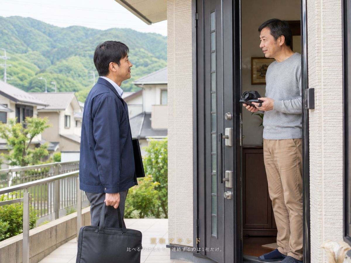 あきる野市の住宅へ出張買取スタッフが訪問するイメージ あきる野市の戸建て住宅の玄関外で出張買取スタッフが住人と訪問内容を確認しているイメージ