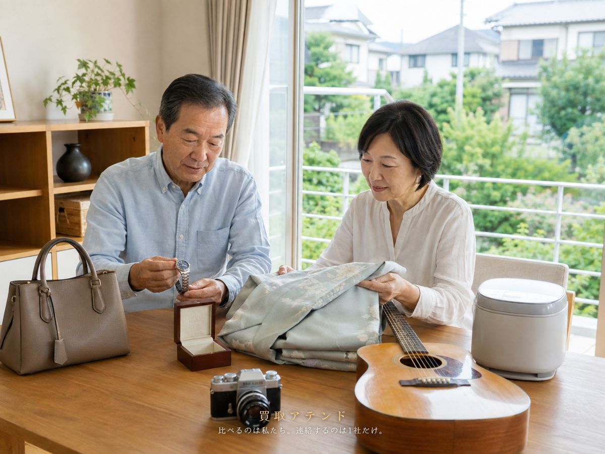 あきる野市で出張買取を相談できる品物のイメージ あきる野市の戸建て住宅でブランド品や時計、カメラ、着物、楽器を整理しているイメージ
