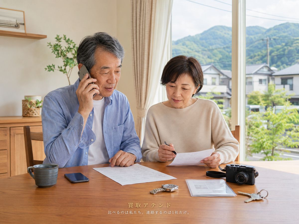 あきる野市の出張買取相談前に電話とメモで確認するイメージ 日本人夫婦があきる野市の出張買取相談内容を電話とメモで確認しているイメージ