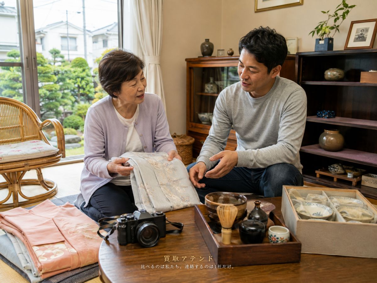 昭島市で出張買取の相談品を家族で整理するイメージ 昭島市の戸建てで家族が売却を検討する品物を整理しているイメージ