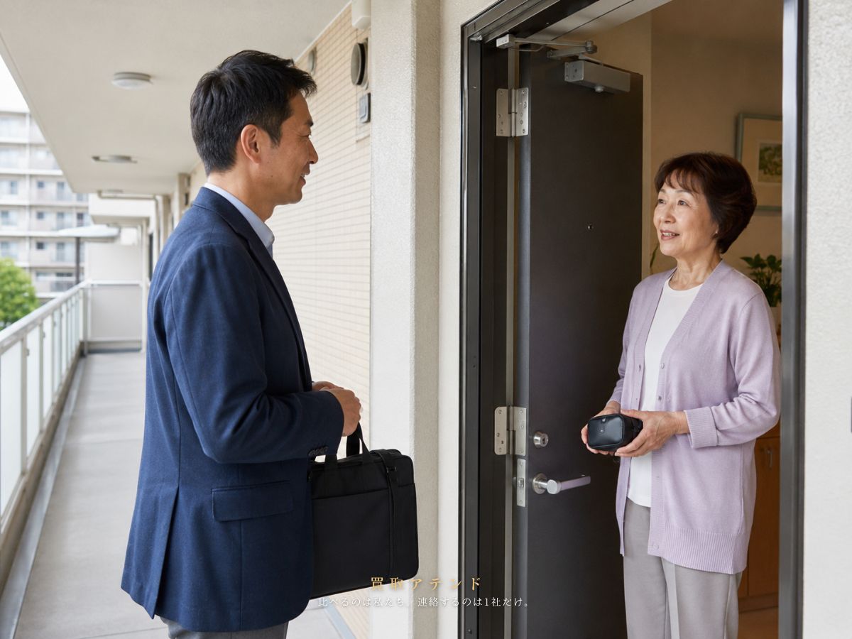 昭島市の住宅へ出張買取スタッフが訪問するイメージ 昭島市の住宅街にあるマンションへ出張買取スタッフが訪問するイメージ