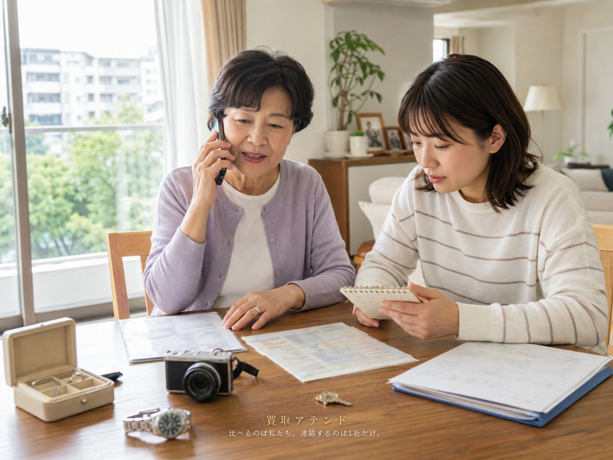 昭島市の出張買取相談前に電話とメモで確認するイメージ 日本人親子が昭島市の出張買取相談内容を電話とメモで確認しているイメージ