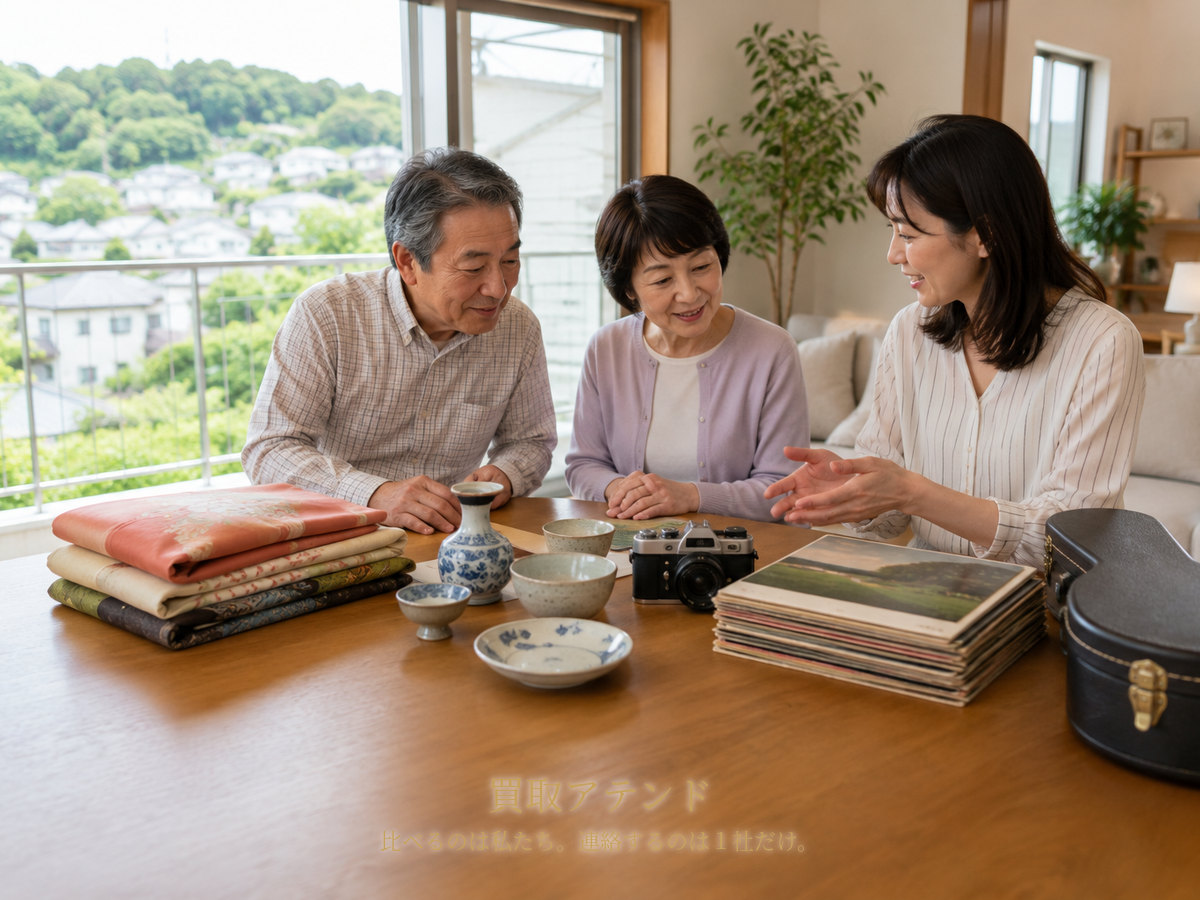 青葉区の戸建てで日本人の夫婦と家族が着物や食器、カメラ、レコードなどを確認しているイメージ