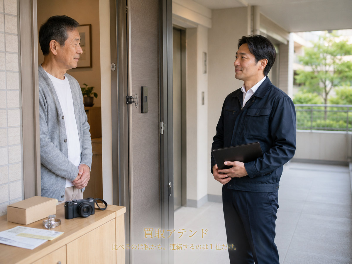 青葉区の集合住宅玄関で住人が室内側、紹介先スタッフが共用廊下側から品物を確認するイメージ