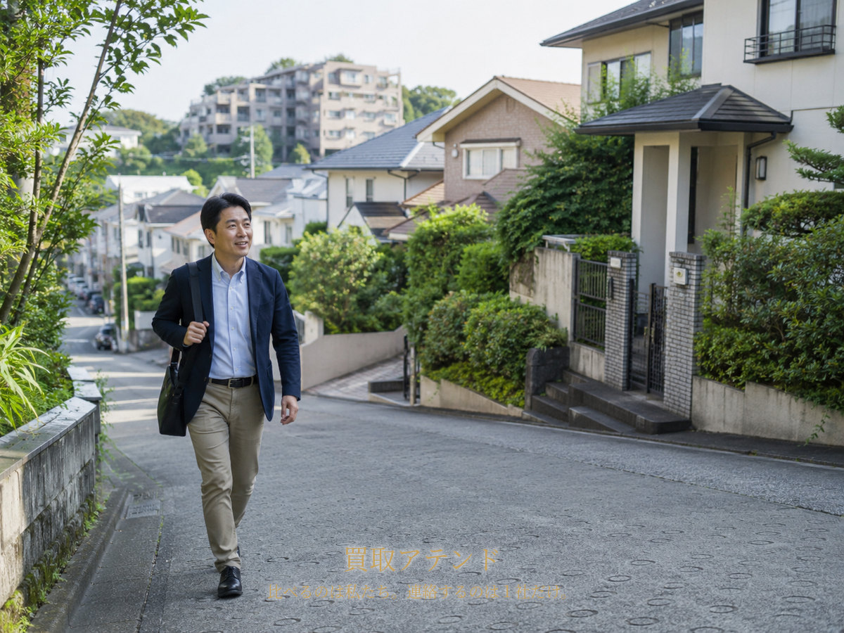 日本人スタッフが青葉区の坂のある緑豊かな住宅街を住宅へ向かって歩いているイメージ