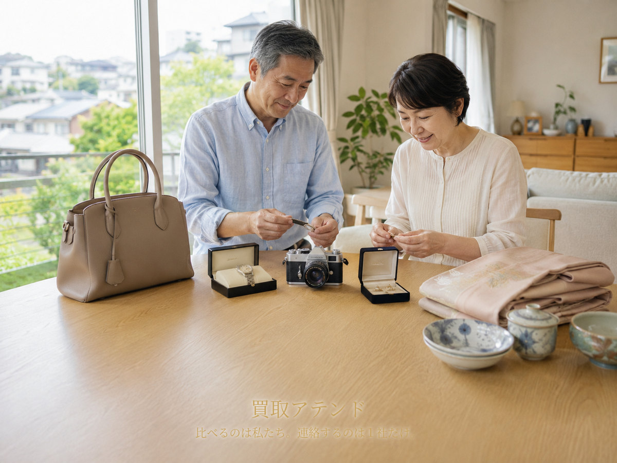 青葉区の明るい住宅で日本人夫婦が時計やカメラ、ジュエリー、着物、食器を確認しているイメージ