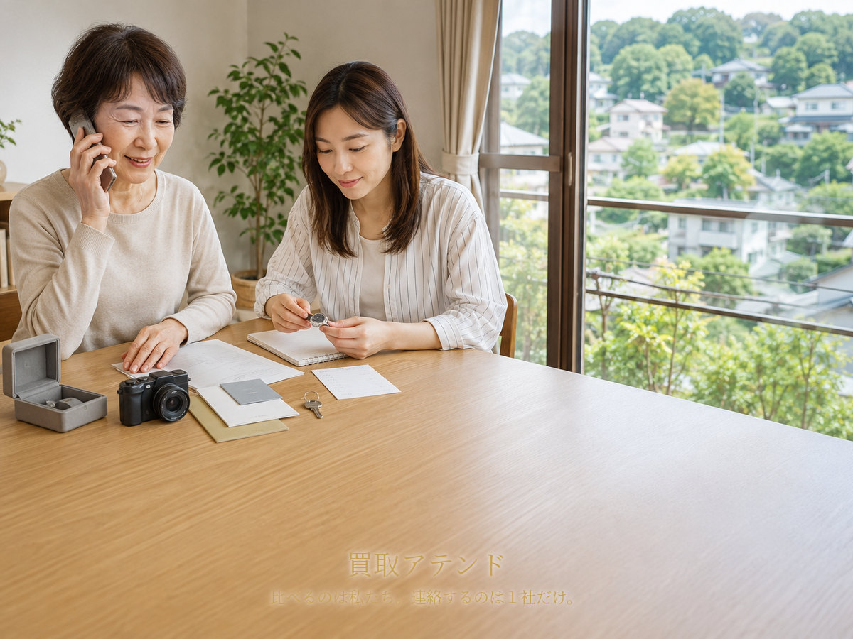 青葉区の住宅で日本人家族が電話をしながら時計やカメラ、保証書、鍵、建物条件メモを確認しているイメージ