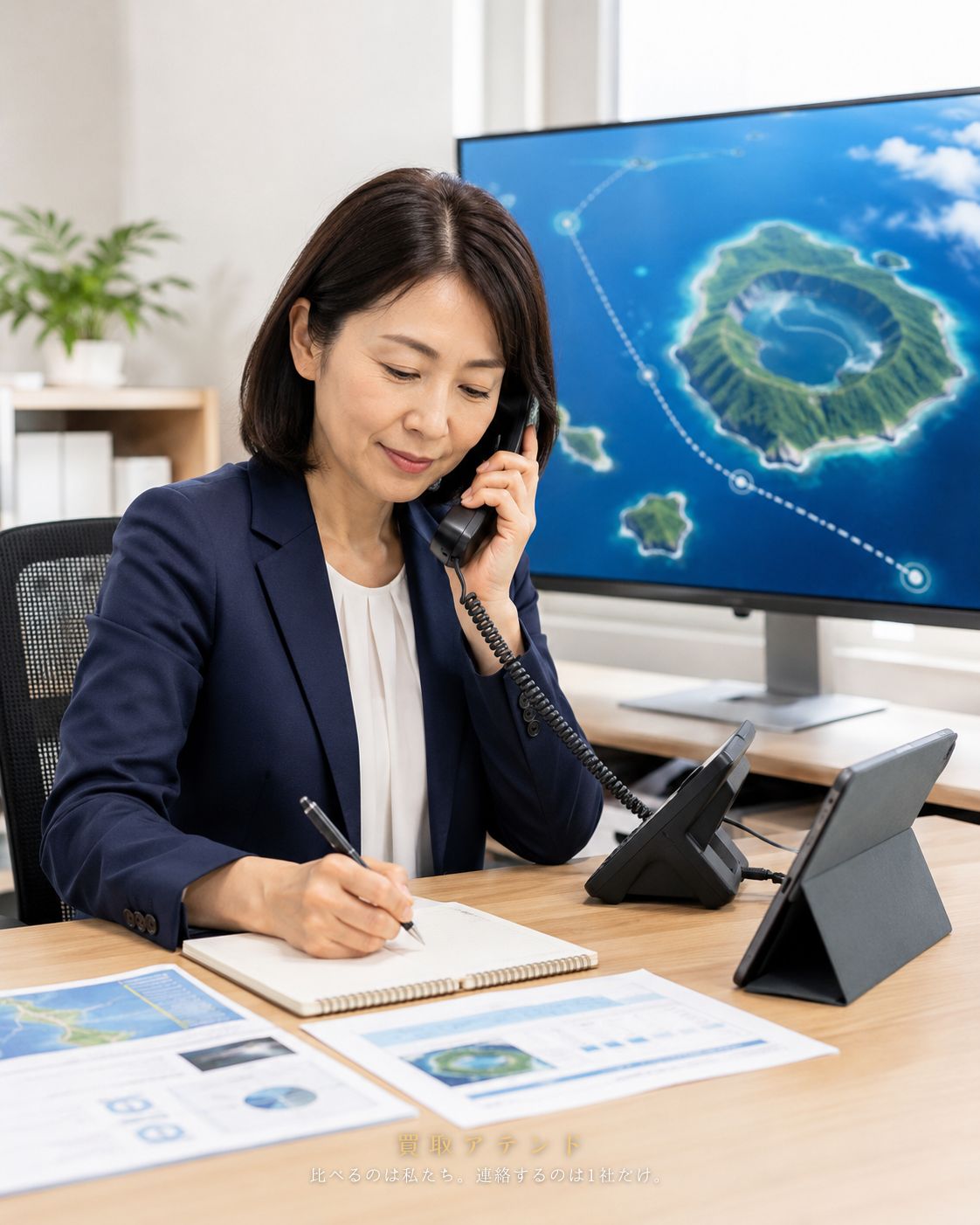 青ヶ島村の出張買取相談を電話確認する日本人スタッフ 日本人スタッフが青ヶ島村の出張買取相談内容を電話で確認しているイメージ
