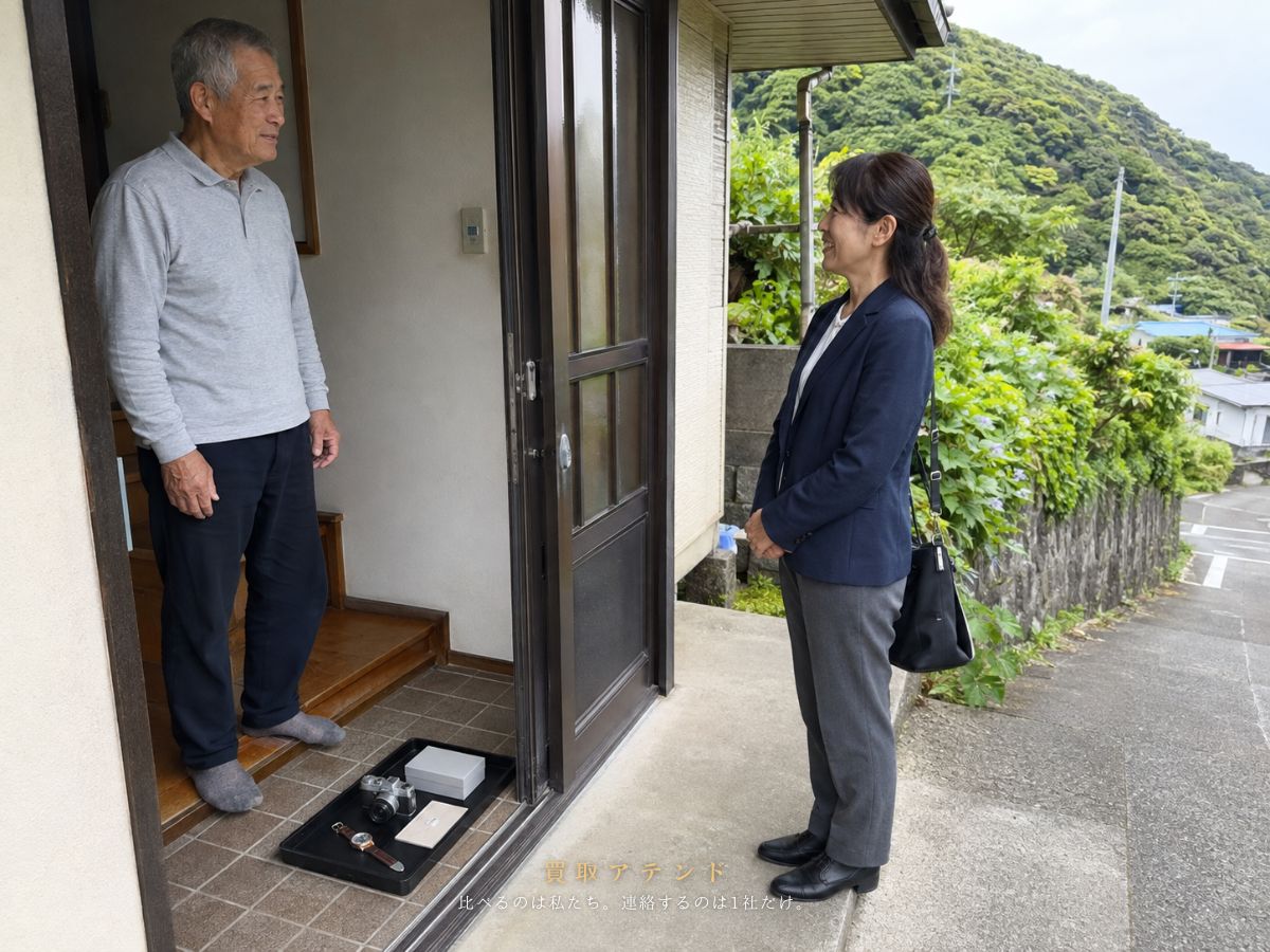 青ヶ島村の住宅玄関で行う出張買取査定のイメージ 青ヶ島村の住宅玄関で日本人スタッフが屋外側から品物を確認する出張買取のイメージ