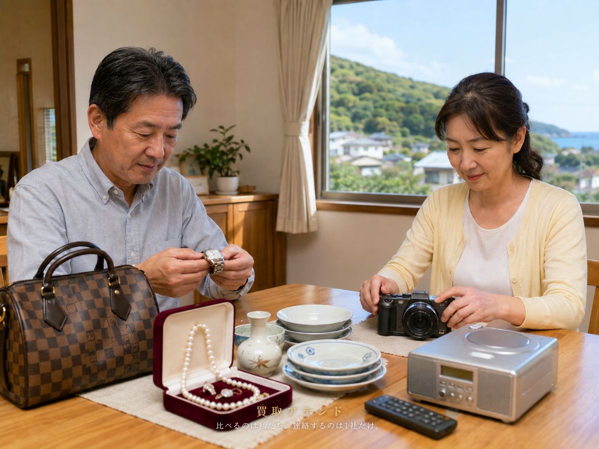 青ヶ島村で相談できる出張買取品目のイメージ 青ヶ島村の住宅で出張買取を相談できる時計・カメラ・ジュエリー・食器・オーディオを確認するイメージ