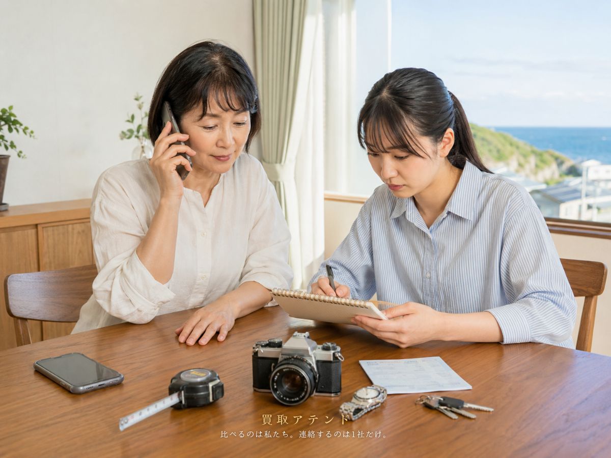 青ヶ島村の出張買取相談前に内容を確認するイメージ 日本人家族が青ヶ島村の出張買取相談内容を電話とメモで確認しているイメージ