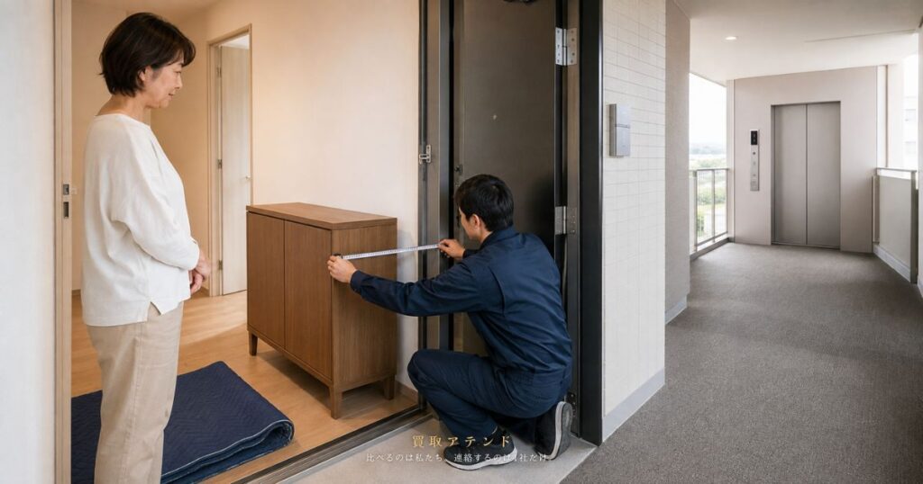 マンションの玄関とエレベーターまでの搬出経路を確認する日本人利用者と作業者