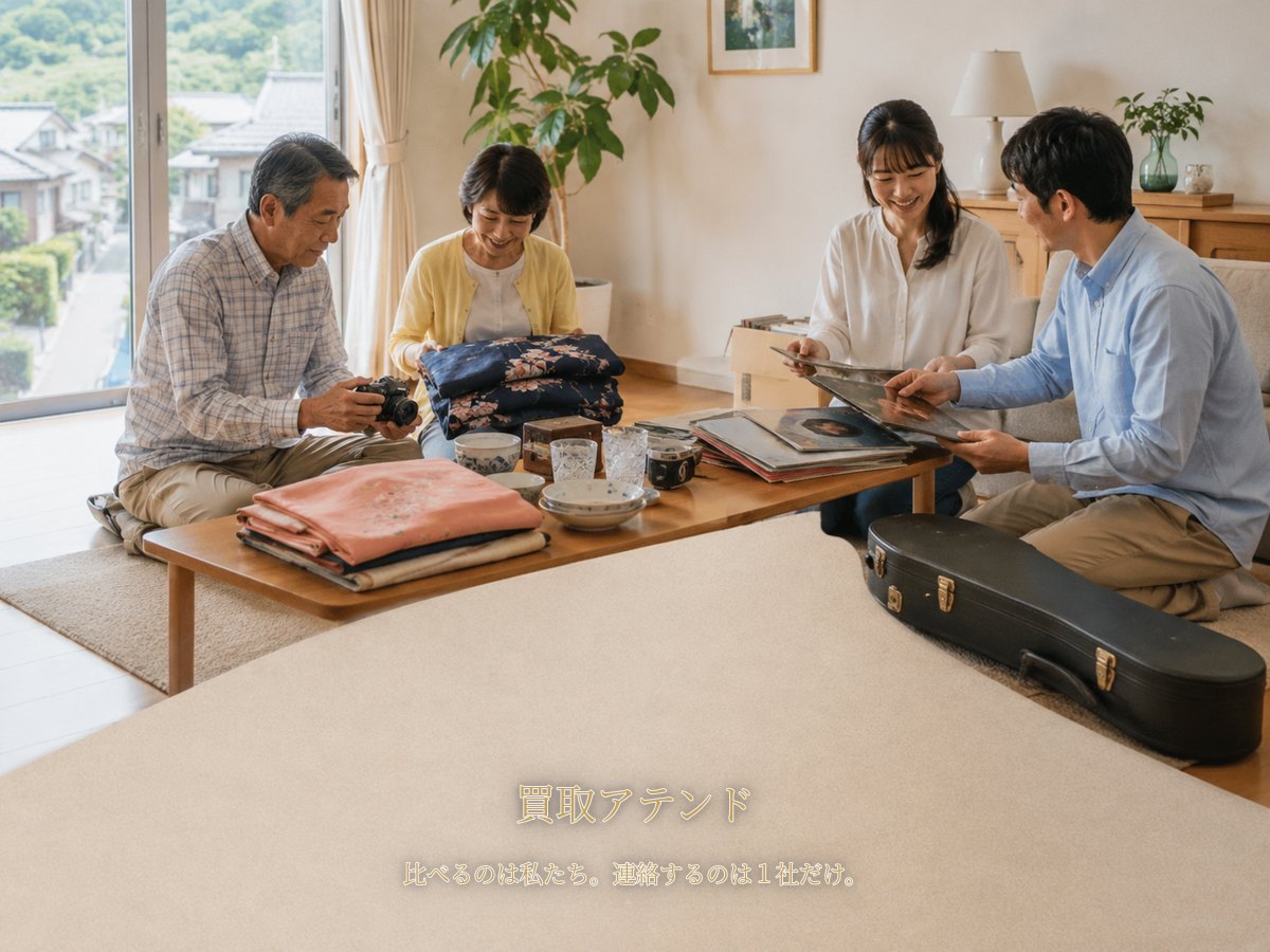 横浜市旭区の自宅で日本人家族が着物や食器、カメラ、レコードなどの相談品を確認しているイメージ