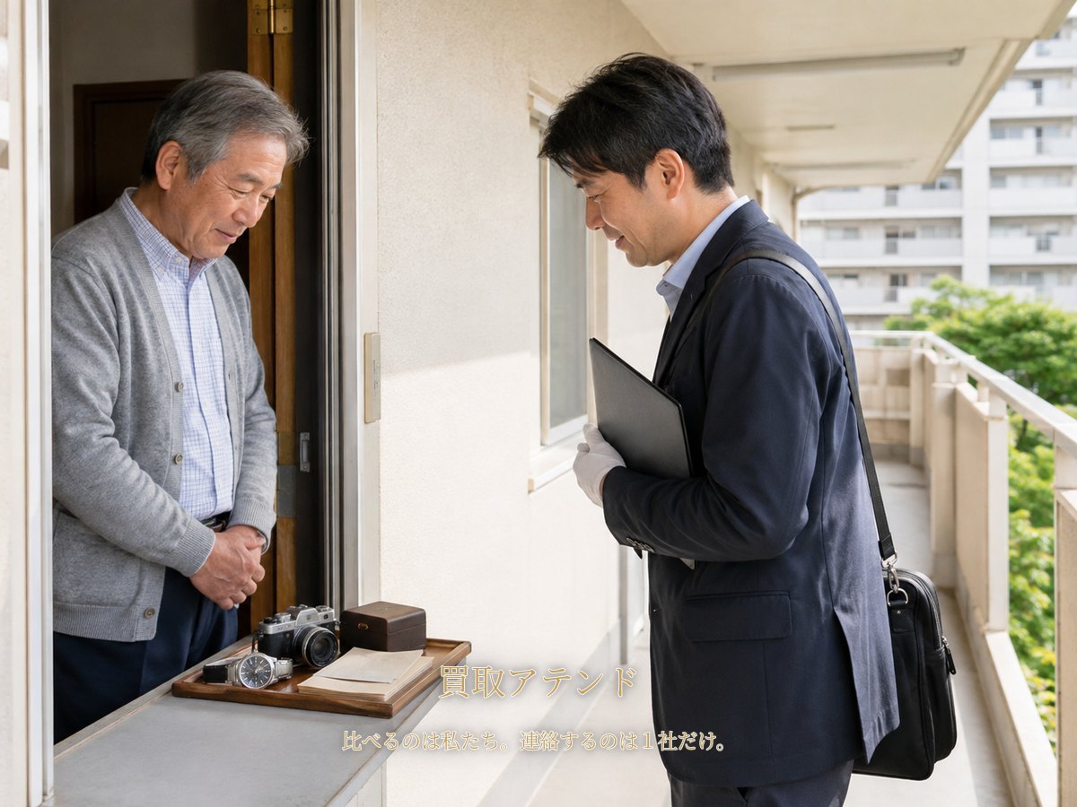 横浜市旭区の集合住宅玄関で住人が室内側、紹介先スタッフが共用廊下側から品物を確認するイメージ