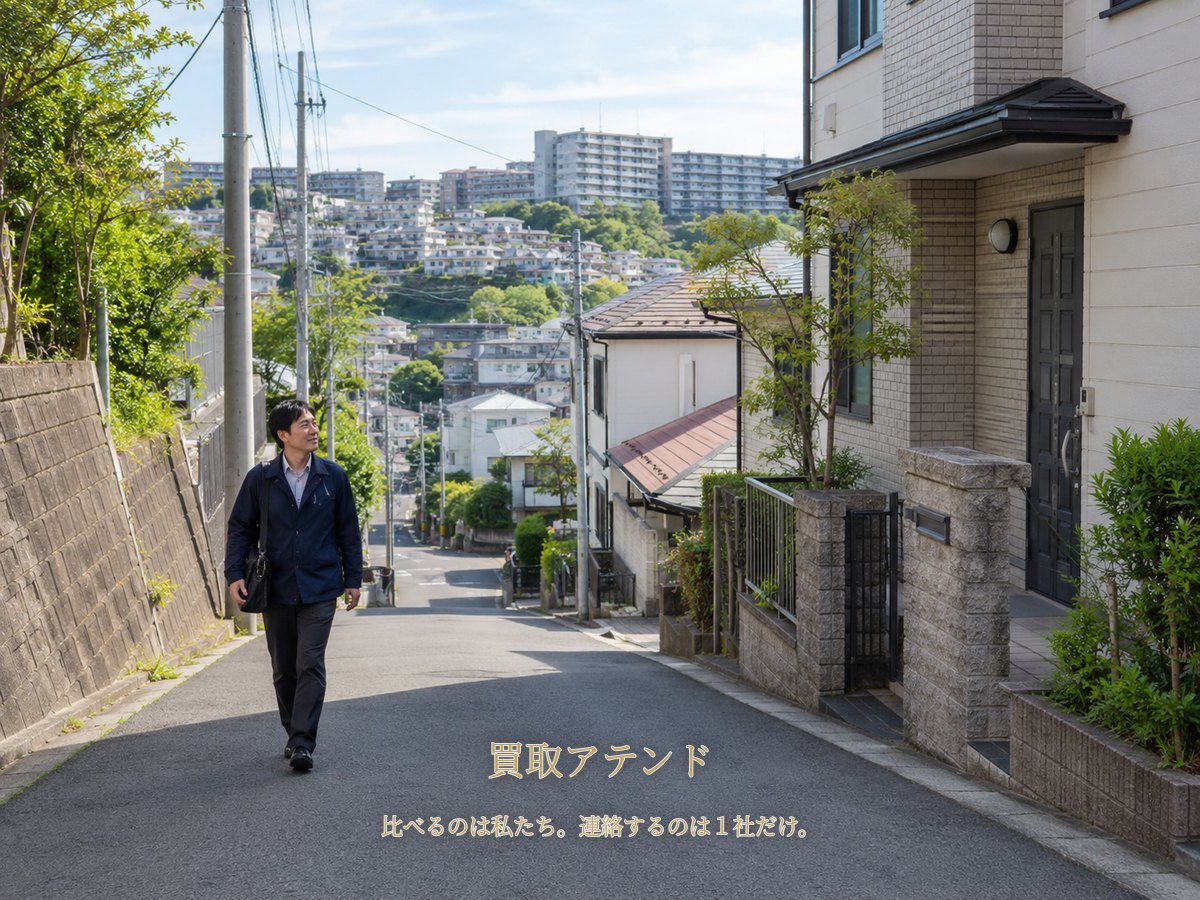 横浜市旭区の坂のある住宅街で日本人スタッフが戸建てへ向かうイメージ
