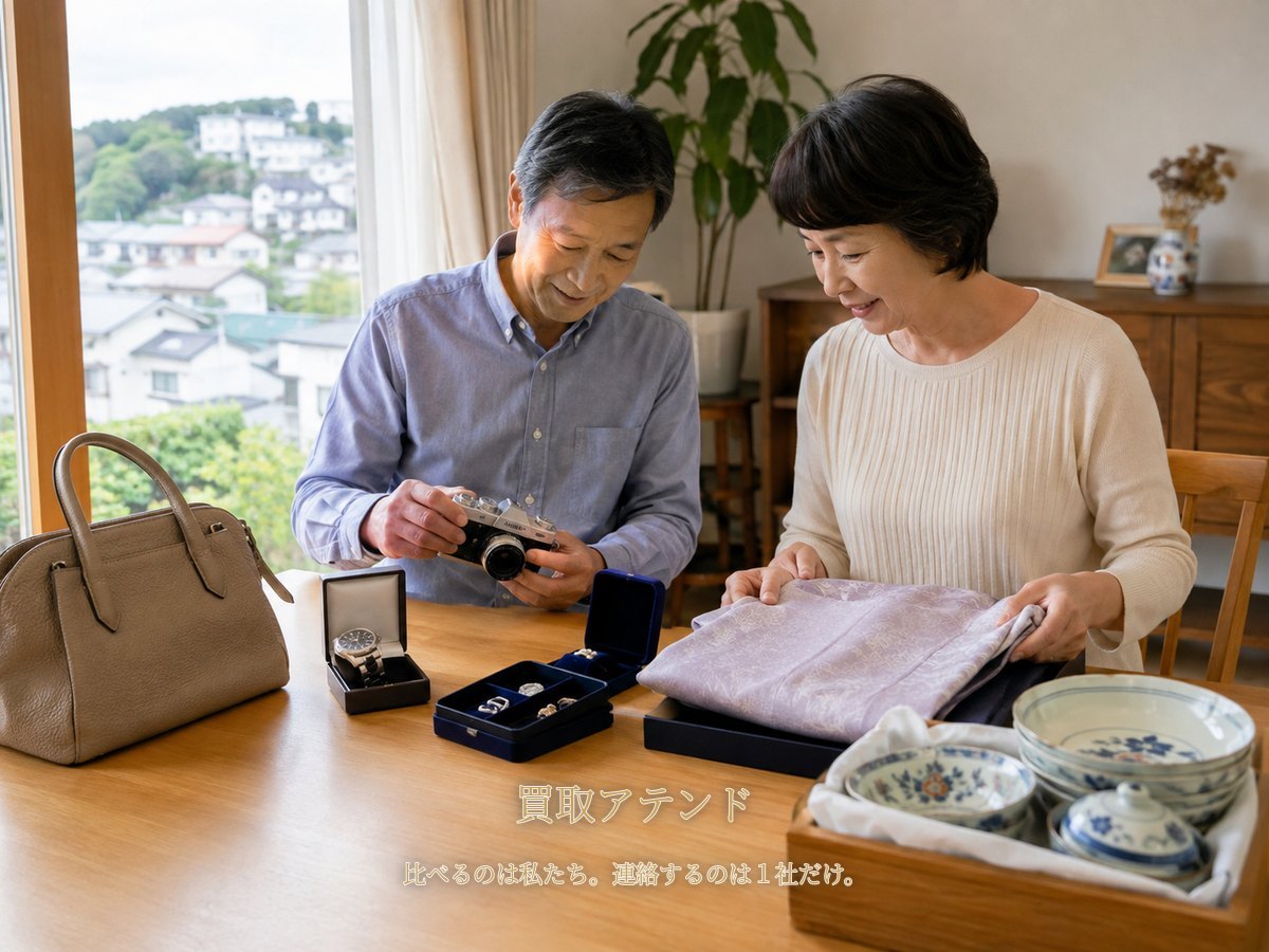 横浜市旭区の戸建てで日本人夫婦がカメラや時計、着物、食器などの相談品を確認しているイメージ