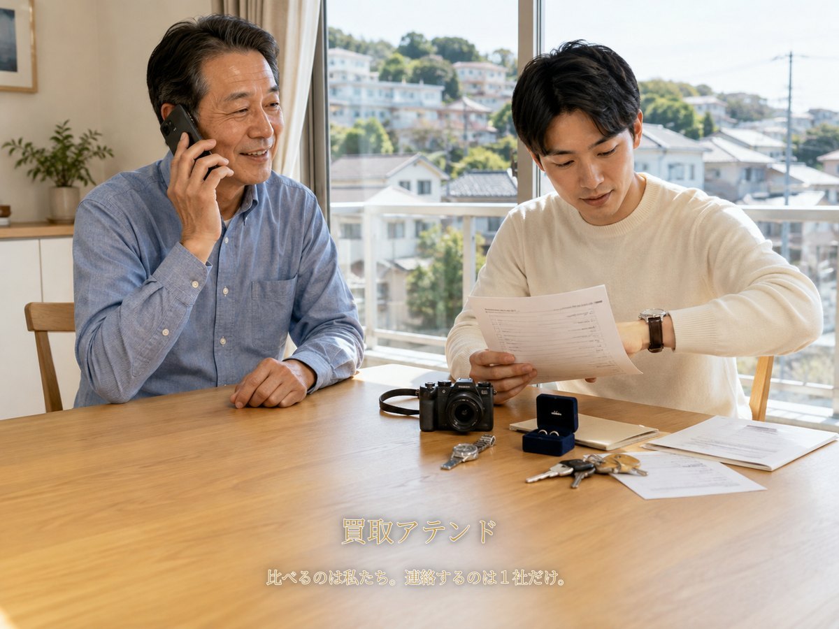 横浜市旭区の自宅で日本人家族が電話しながら品物や保証書、鍵、建物条件を確認しているイメージ