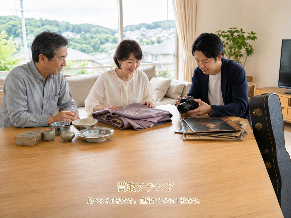 川崎市麻生区の自宅で日本人の家族が着物や食器、カメラなど出張買取の相談品を確認している様子