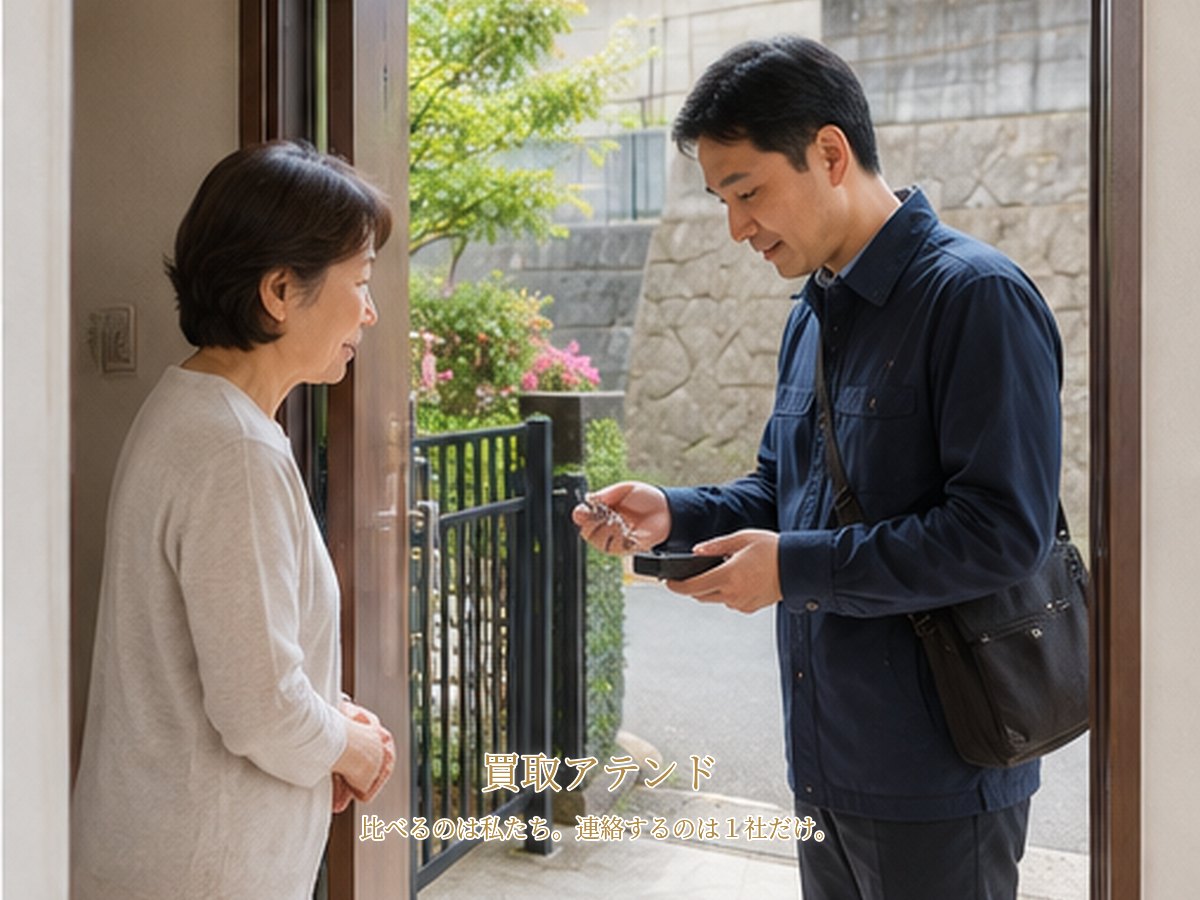 川崎市麻生区の戸建て玄関で住人が室内側から紹介先スタッフと査定品を確認している様子
