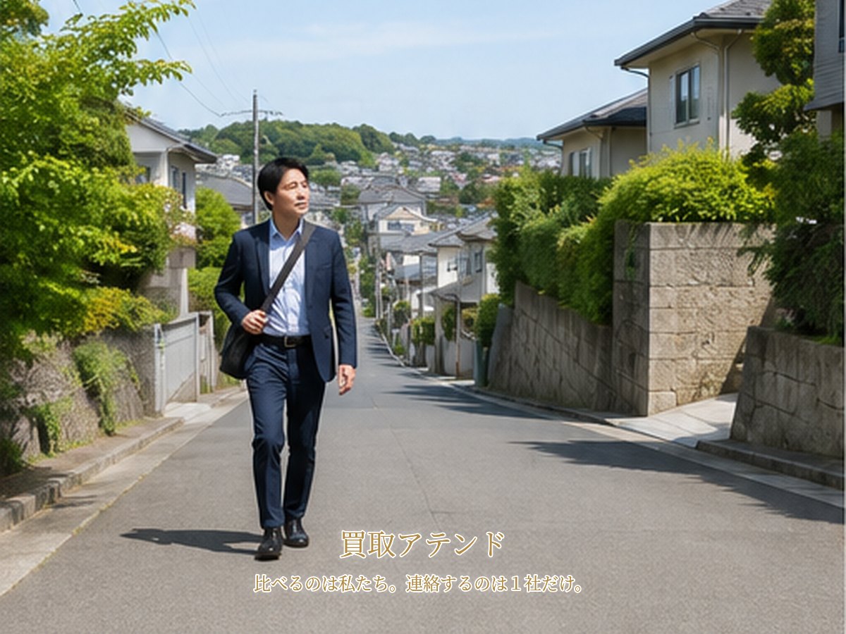 川崎市麻生区の坂のある住宅街で日本人スタッフが戸建てへ向かっている様子