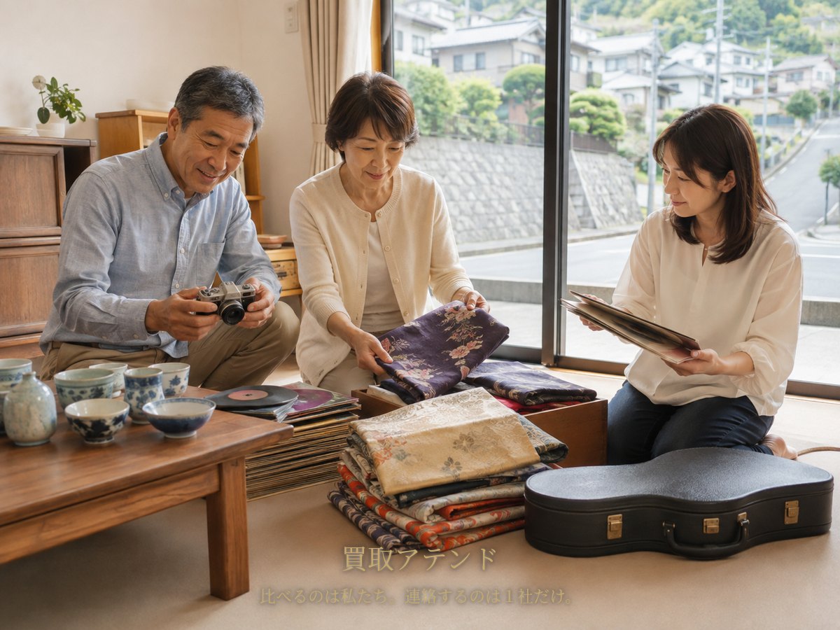 厚木市の自宅で出張買取の相談品を確認するイメージ 厚木市の戸建てで日本人家族が着物や食器、カメラ、レコード、楽器を確認しているイメージ