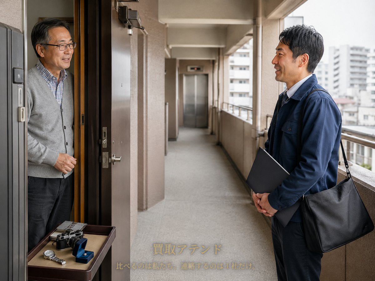 厚木市の集合住宅玄関で行う出張買取査定のイメージ 厚木市の集合住宅で住人が室内側、紹介先スタッフが共用廊下側から品物を確認するイメージ