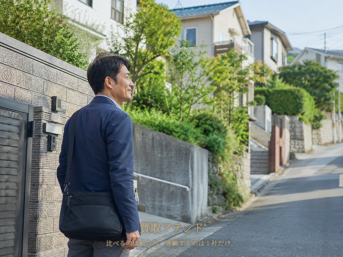 厚木市の住宅地へ出張買取スタッフが向かうイメージ 厚木市の坂のある住宅地で日本人スタッフが小型バッグを持って訪問先へ向かうイメージ