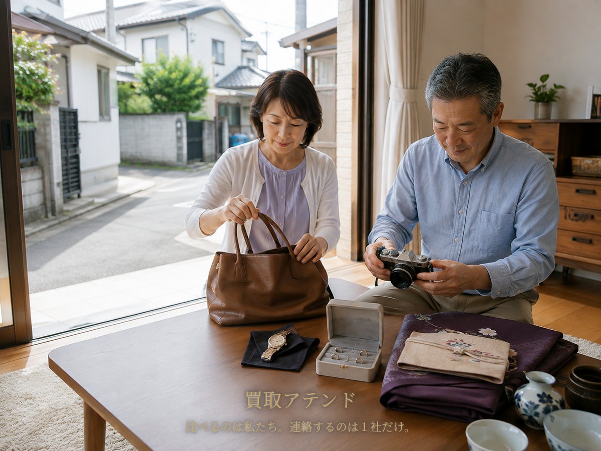厚木市で出張買取を相談できる品物のイメージ 厚木市の戸建てで日本人夫婦が時計やカメラ、ジュエリー、着物、食器を確認しているイメージ