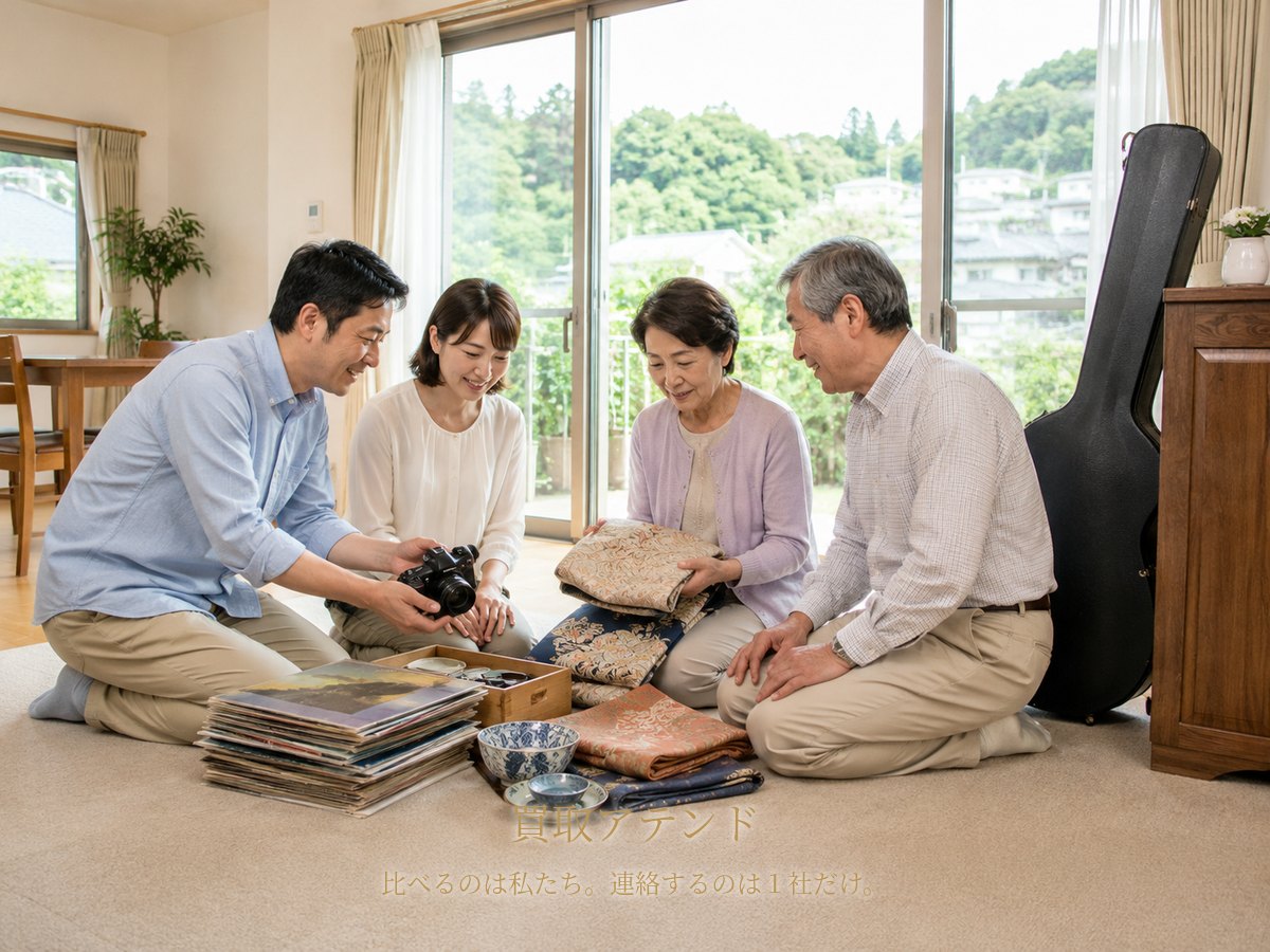千葉県の戸建て住宅で日本人家族が着物や食器、カメラ、レコード、楽器を確認しているイメージ