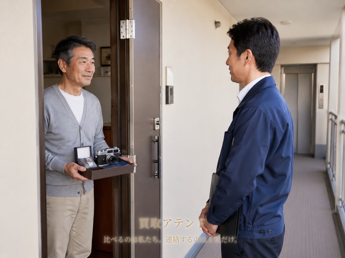 千葉県の集合住宅の玄関で住人が室内側、出張買取スタッフが共用廊下側から品物を確認するイメージ