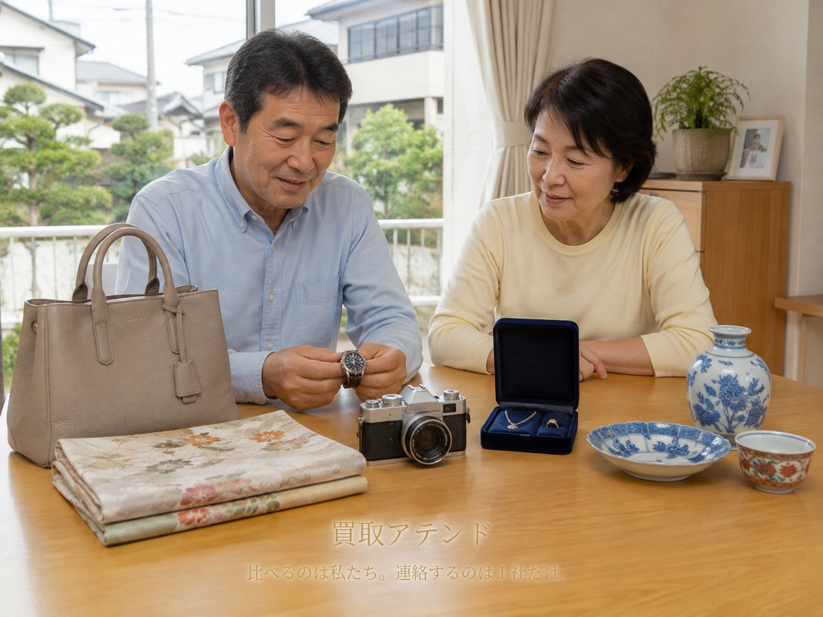 千葉県の戸建て住宅で日本人夫婦が時計やカメラ、着物、ジュエリー、食器を確認しているイメージ
