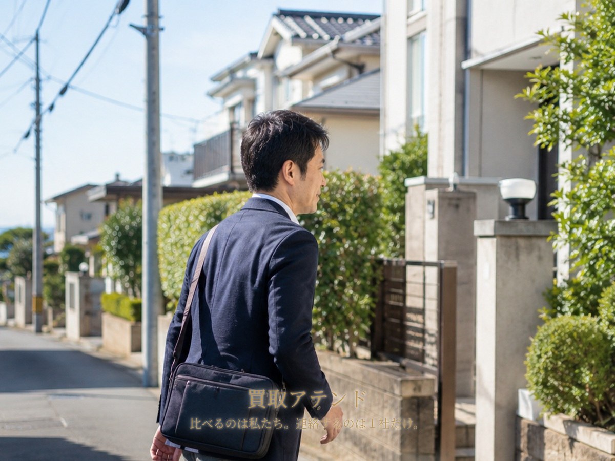茅ヶ崎市の低層住宅地で紹介先スタッフが小型バッグを持って訪問先へ向かう様子