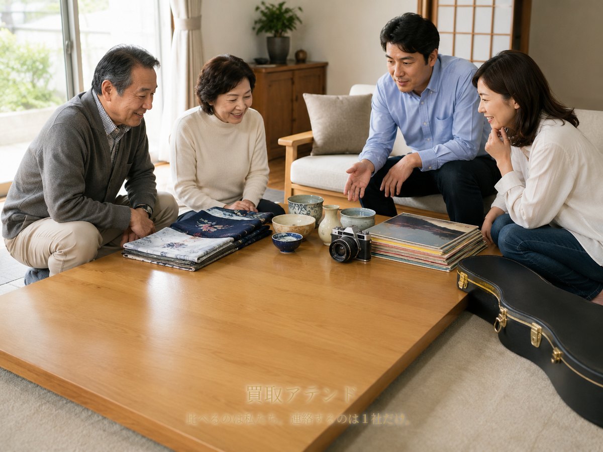海老名市の自宅で出張買取の相談品を確認するイメージ 海老名市の戸建て住宅で日本人の夫婦と家族が着物や食器、カメラなどを確認している出張買取相談のイメージ