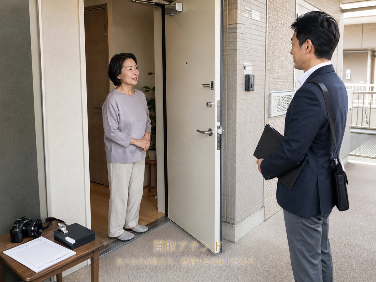 海老名市の集合住宅玄関で行う出張買取査定のイメージ 海老名市の集合住宅玄関で住人が室内側、出張買取スタッフが共用廊下側から品物を確認しているイメージ