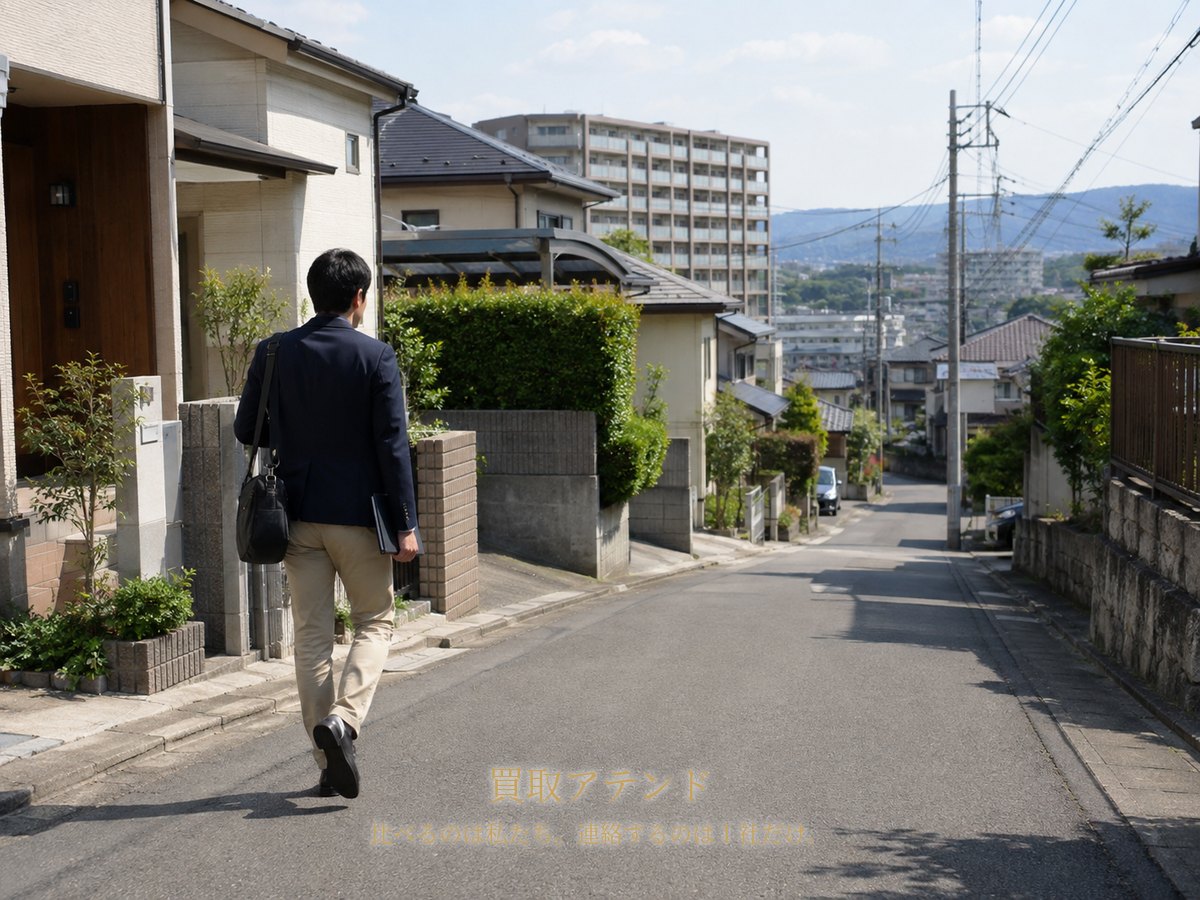 海老名市の住宅街へ出張買取スタッフが訪問するイメージ 海老名市の坂のある住宅街で日本人スタッフが戸建て住宅へ向かっている出張買取訪問のイメージ