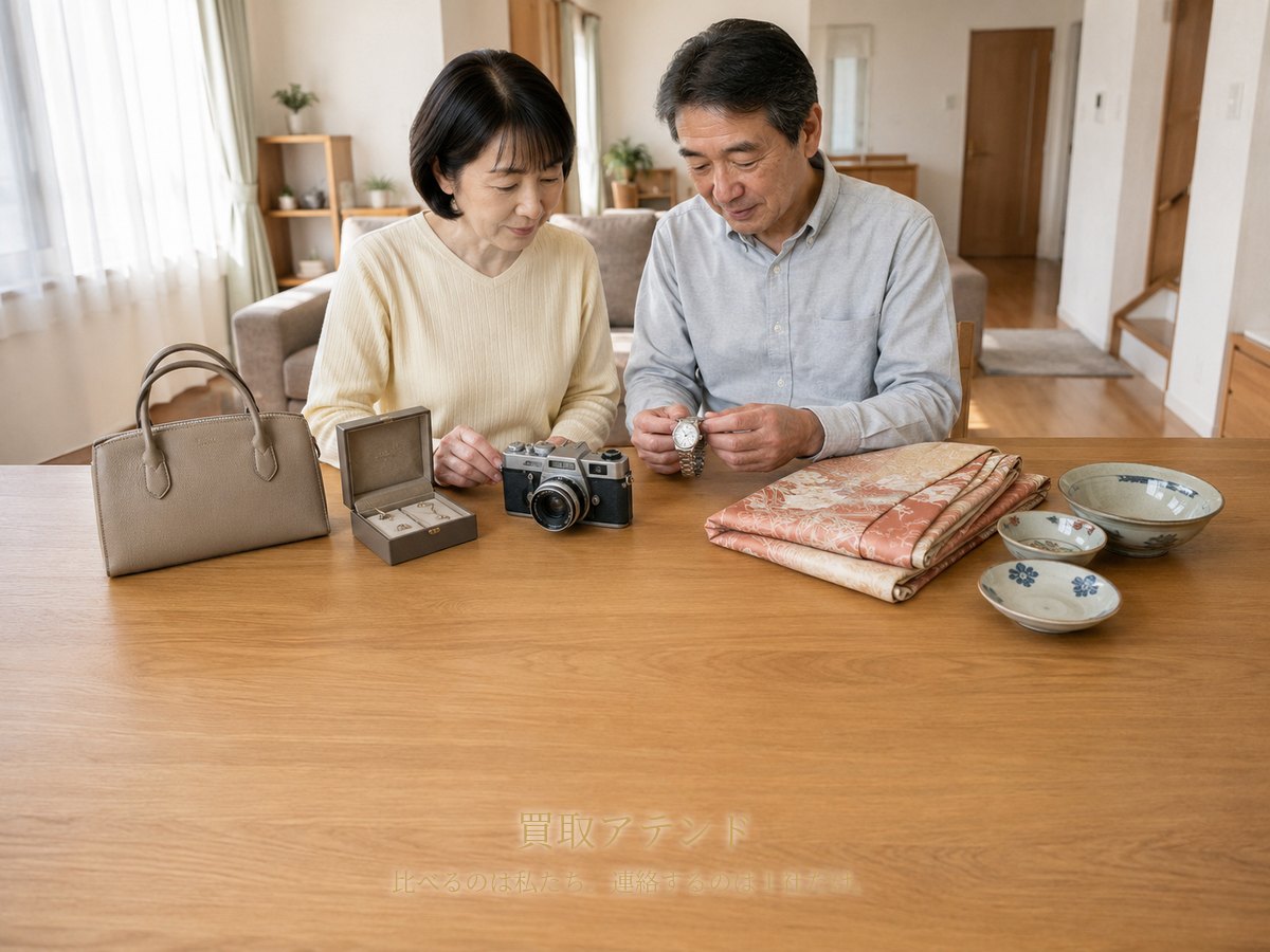 海老名市で出張買取を相談する品物のイメージ 海老名市の戸建て住宅で日本人夫婦が時計やカメラ、着物など出張買取の相談品を確認しているイメージ