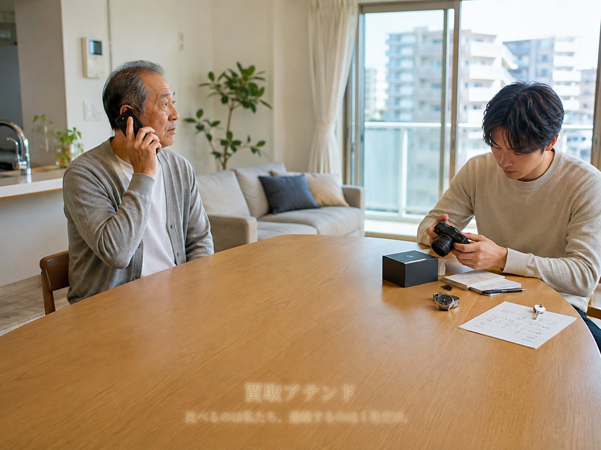海老名市の出張買取相談前に建物条件を確認するイメージ 海老名市の集合住宅で日本人家族が電話しながら保証書や鍵、建物条件を確認しているイメージ