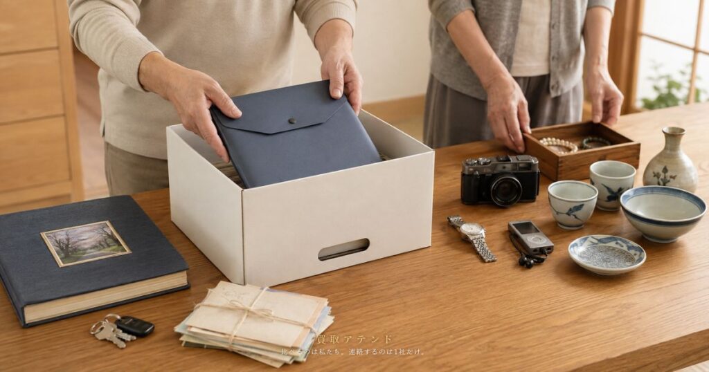 遺品整理で重要書類を避けながら時計やカメラを査定候補に分ける日本人家族