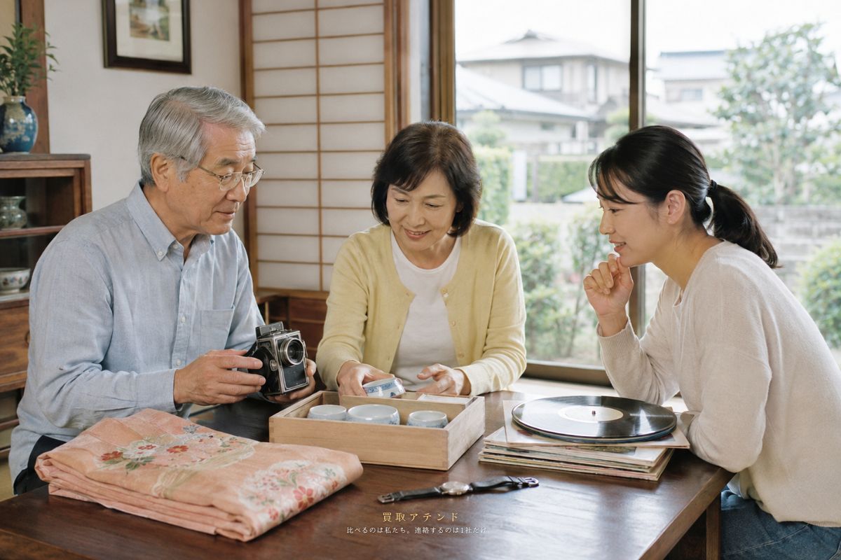府中市の戸建てで日本人家族が売却候補の品物を確認しているイメージ