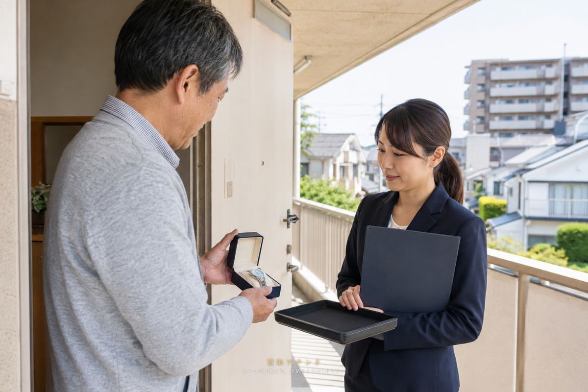 府中市のマンション玄関で住人が共用廊下側の出張買取スタッフに品物を見せているイメージ