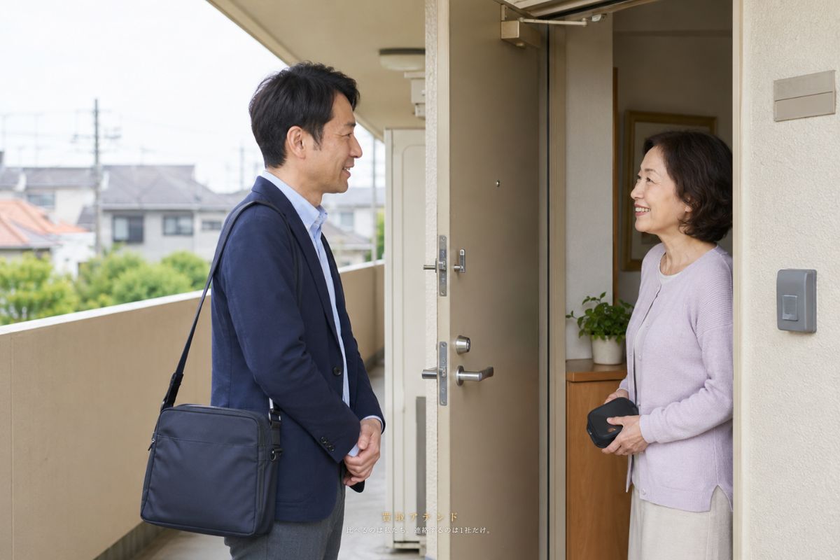 府中市のマンション共用廊下で出張買取スタッフを住人が迎えているイメージ