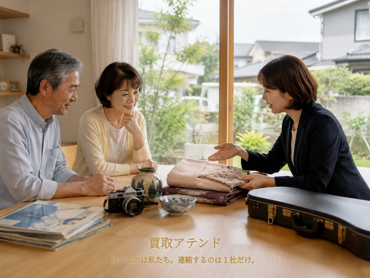 藤沢市の戸建て住宅で日本人の夫婦と家族が着物や食器、カメラ、レコードを確認している様子