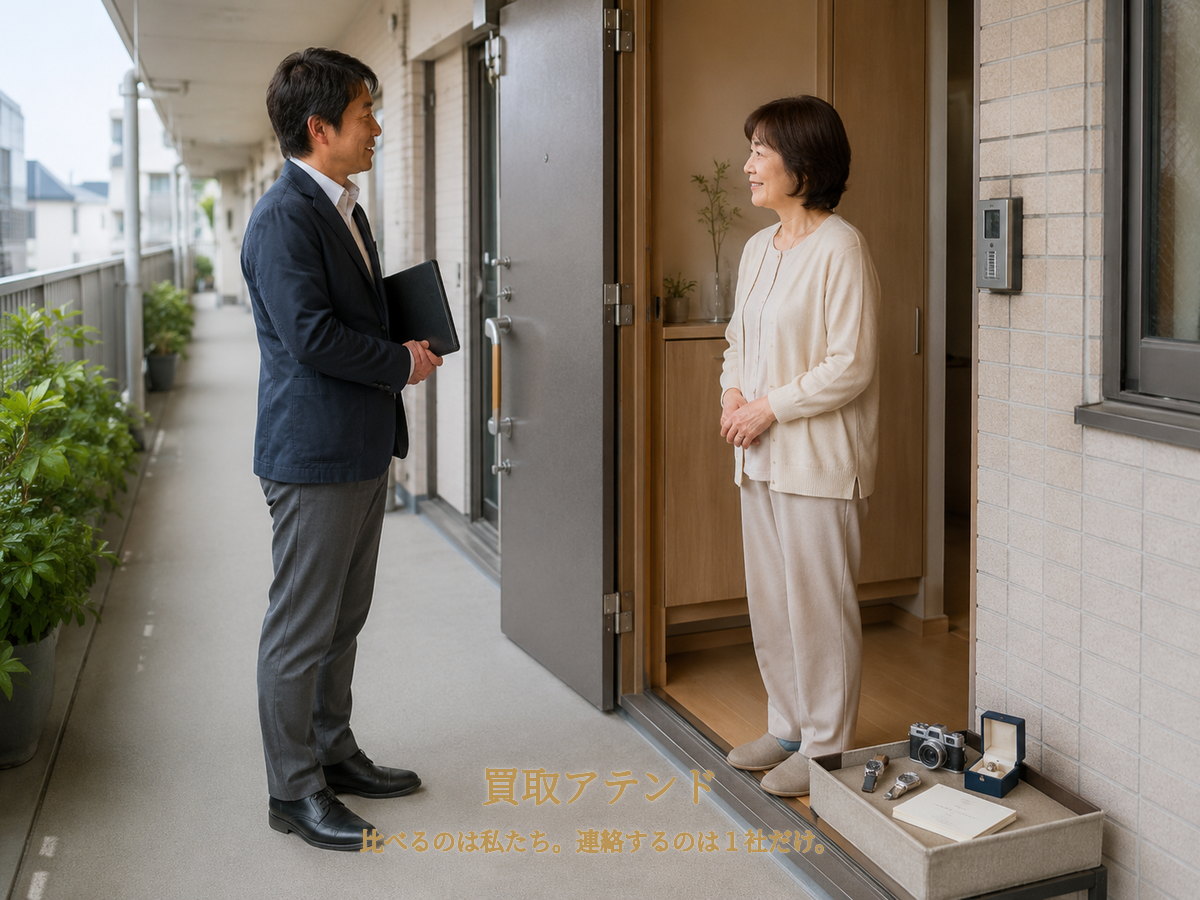 藤沢市の集合住宅の玄関で住人が室内側、紹介先スタッフが共用廊下側から査定品を確認する様子