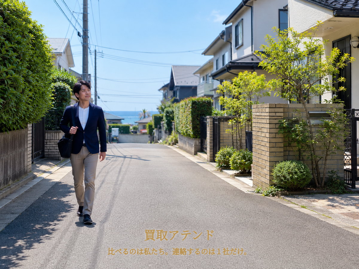藤沢市の海側の低層住宅地で日本人スタッフが小型バッグを持って訪問先へ向かう様子
