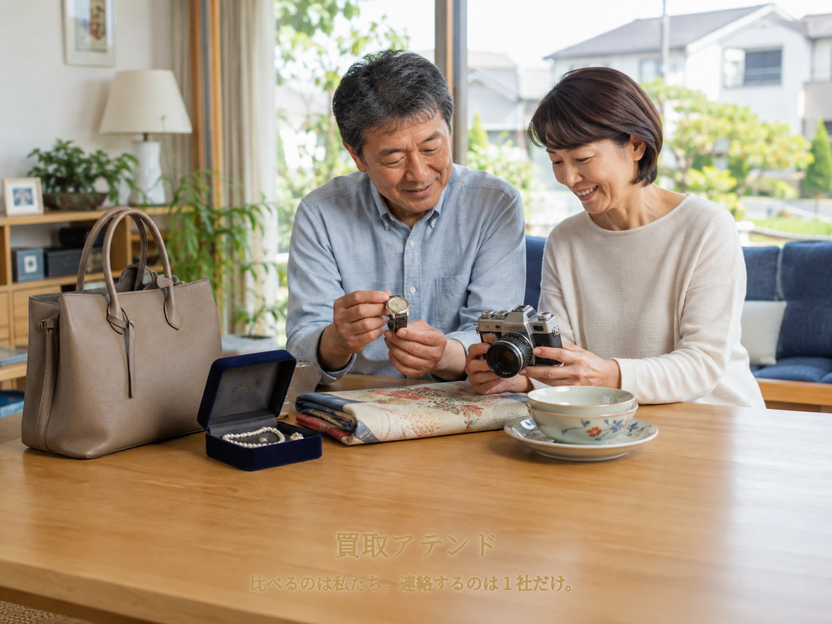 藤沢市の戸建て住宅で日本人夫婦が時計やカメラ、バッグ、ジュエリー、食器を確認している様子