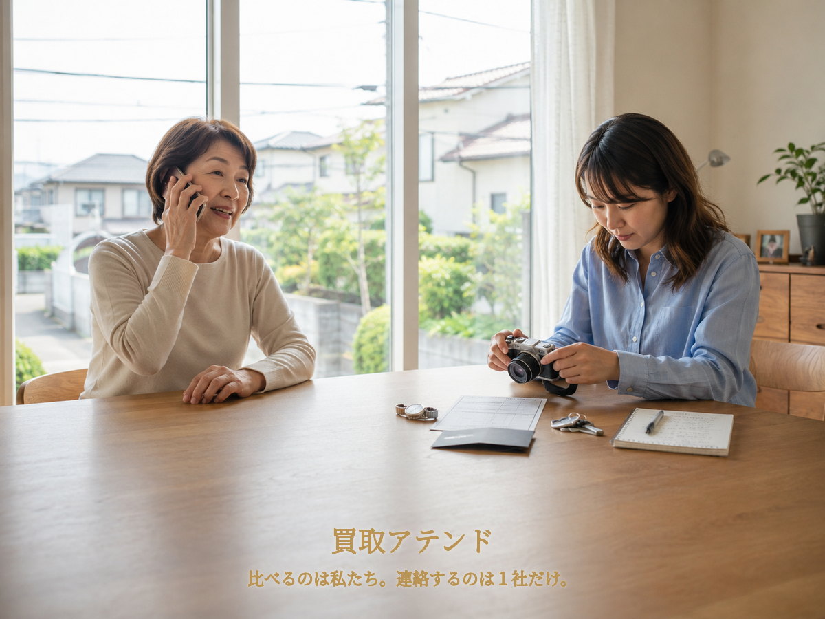 藤沢市の住宅で日本人家族が電話しながらカメラや時計、保証書、鍵、建物条件メモを確認する様子