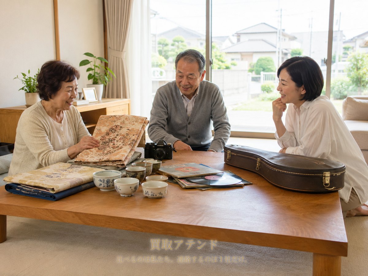 船橋市の戸建てで日本人家族が着物や食器、カメラ、レコード、楽器ケースを確認しているイメージ