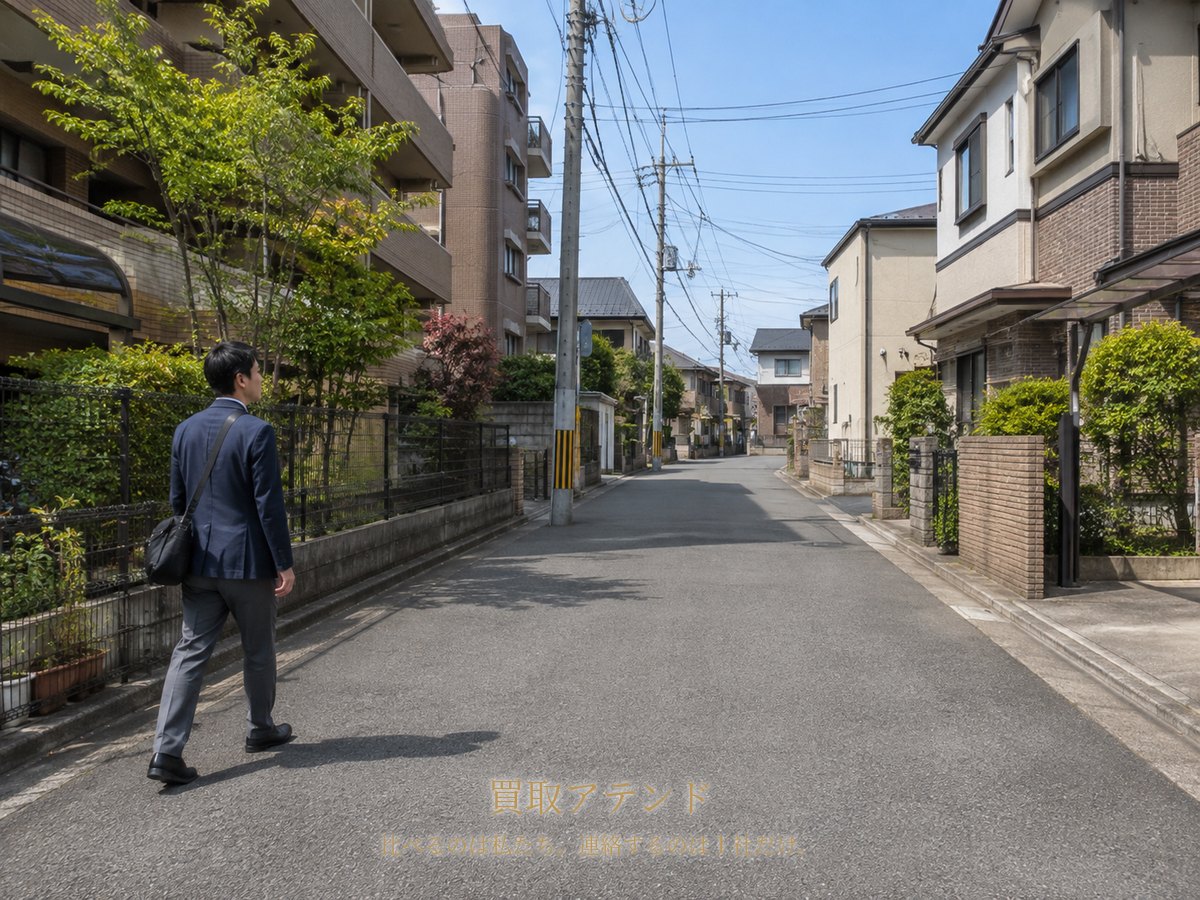 船橋市の集合住宅と戸建てが並ぶ住宅街を出張買取スタッフが小型バッグで訪問するイメージ